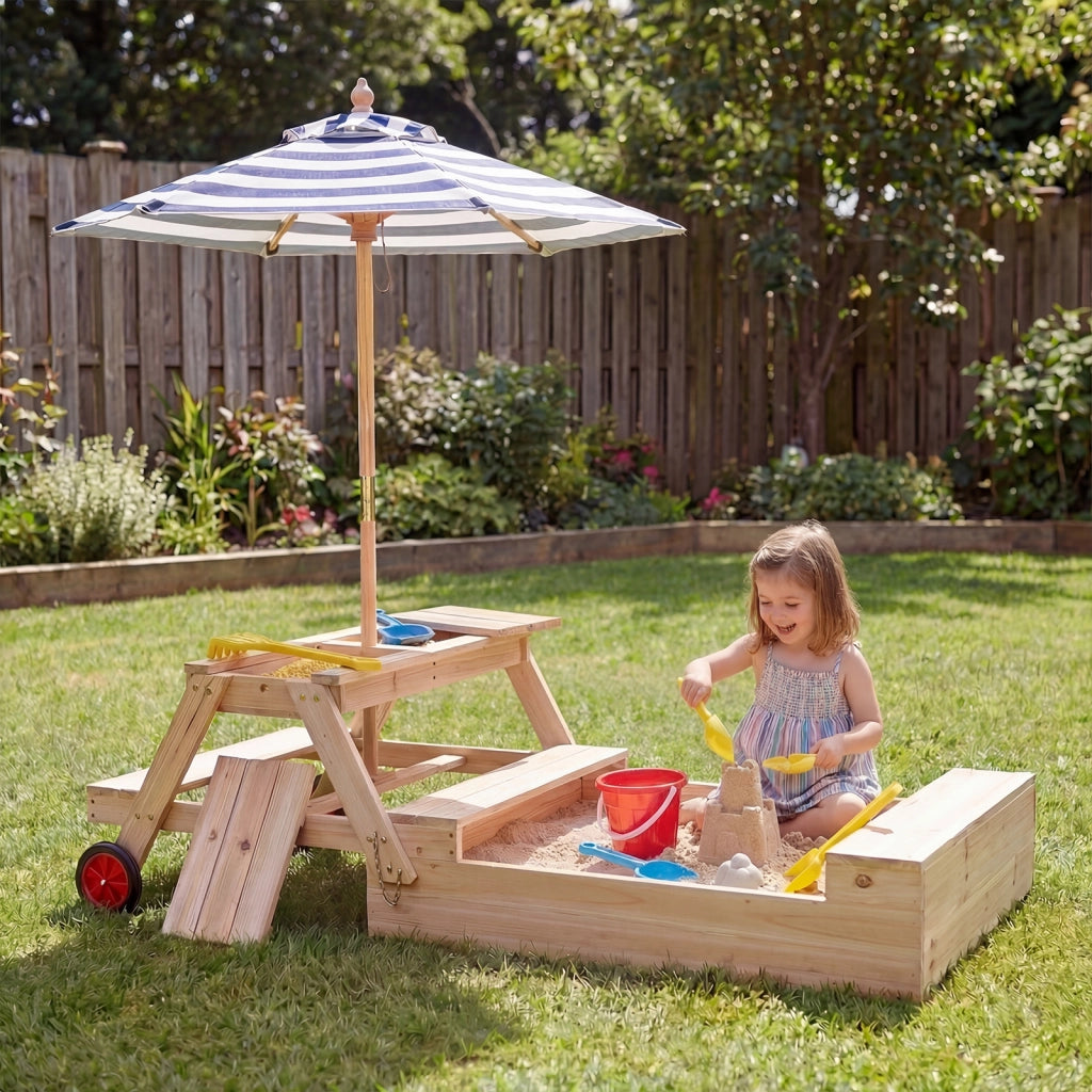 3 in 1 Sabbiera in legno con panche ombrellone rimovibile e regolabile e ruote, Tavolo da picnic per bambini trasformabile