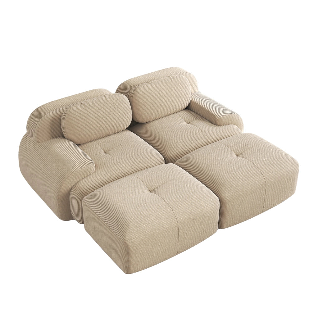 divano angolare modulare senza struttura; schiuma 32D; braccioli curvi; in velluto a coste beige