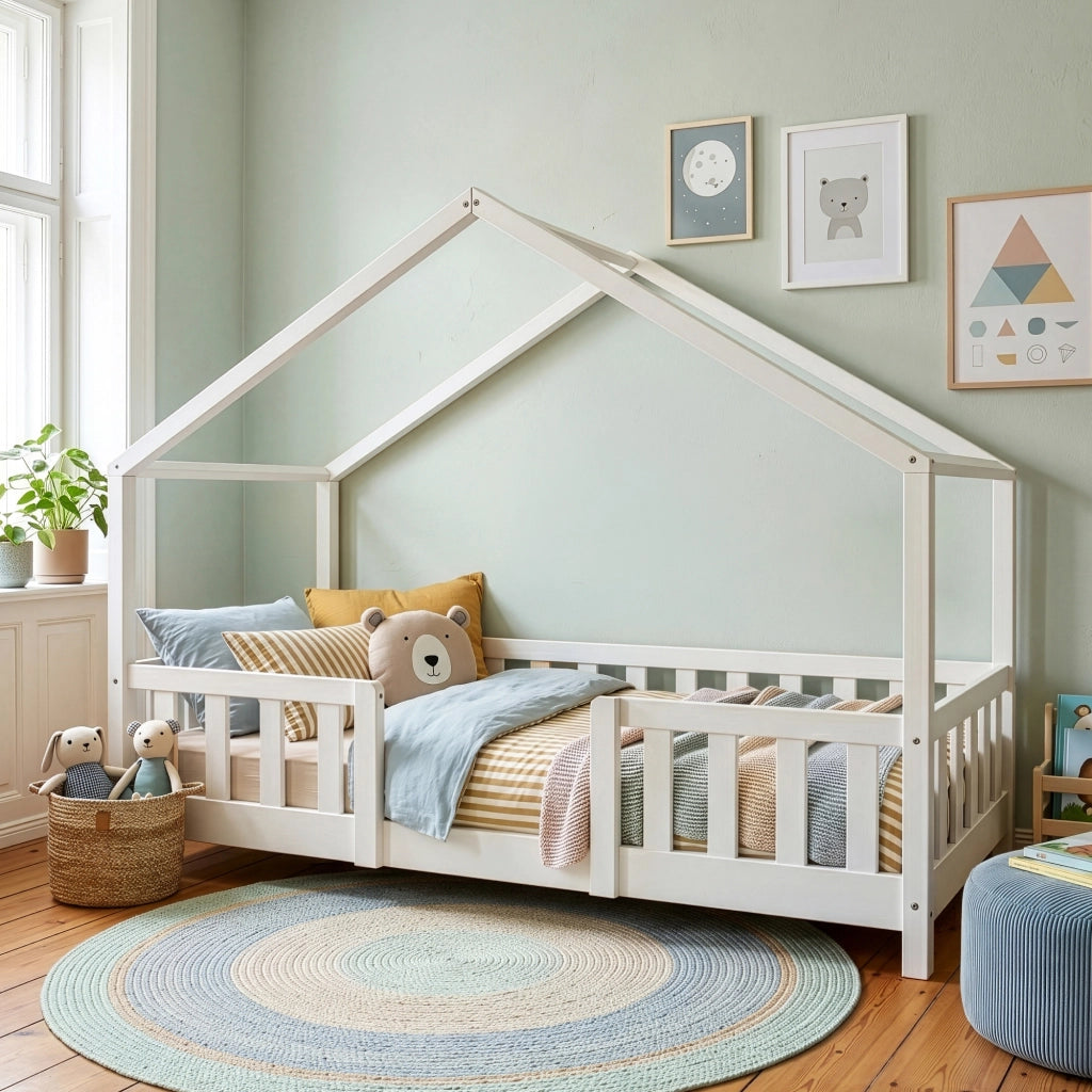 Letto per Cameretta Treviolo a Forma di Casetta in Stile Montessori 80x160 cm Bianco [en.casa]