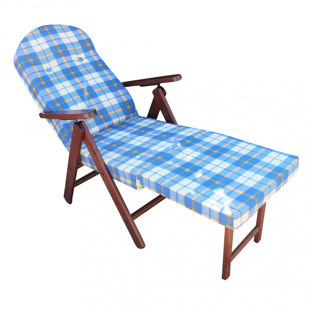 Poltrona 4 Posizioni Relax Faggio con Cuscino e Prolunga 84/40x 60x100 h cm in Cotone Blu