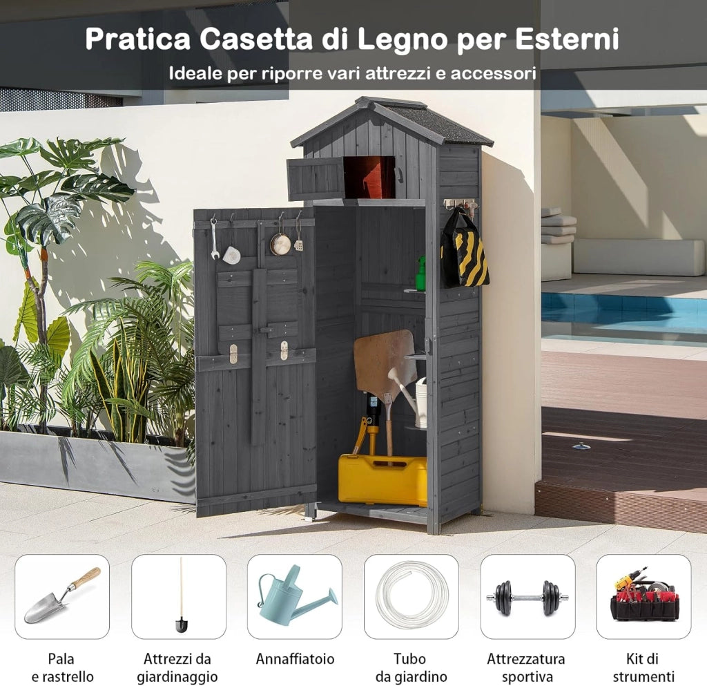 Armadio da Esterno in Legno, Capanno da Giardino con Serratura, Tavolo Pieghevole, Tetto Impermeabile, Ganci, Ripiani Rimovibili e 4 Staffe Metalliche, per Patio, Giardino e Cortile (Grigio)