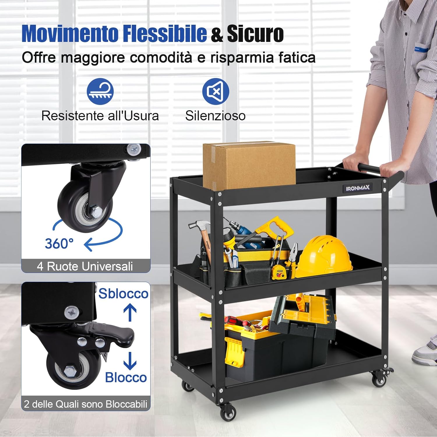 Carrello Portautensili a 3 Livelli, Carrello Metallico Resistente con 3 Ripiani, 4 Ruote Universali con 2 Freni, per Garage, Casa, Magazzino, 73 x 36 x 75 cm (Nero)