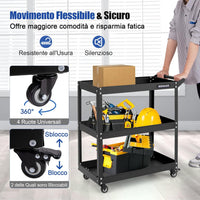 Carrello Portautensili a 3 Livelli, Carrello Metallico Resistente con 3 Ripiani, 4 Ruote Universali con 2 Freni, per Garage, Casa, Magazzino, 73 x 36 x 75 cm (Nero)