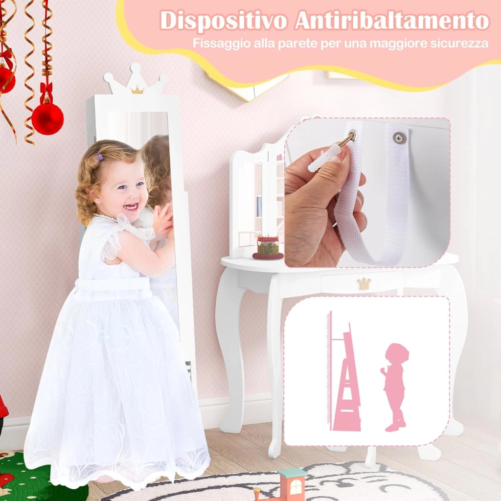 Specchio Portagioie da Terra, Armadietto Portagioielli e Girevole con Specchio a Figura Intera e 4 Ruote Universali Bloccabili, Specchiera da Camera da Letto per Bambini