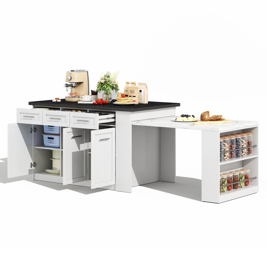 Isola cucina moderna con tavolo estraibile 150x90 cm, bianco, MDF effetto marmo