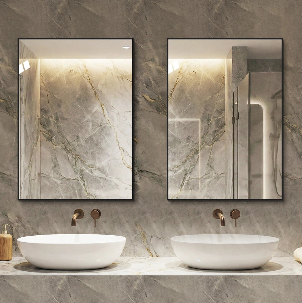 Specchio bagno 70x90 cm con cornice in alluminio nero, orizzontale o verticale