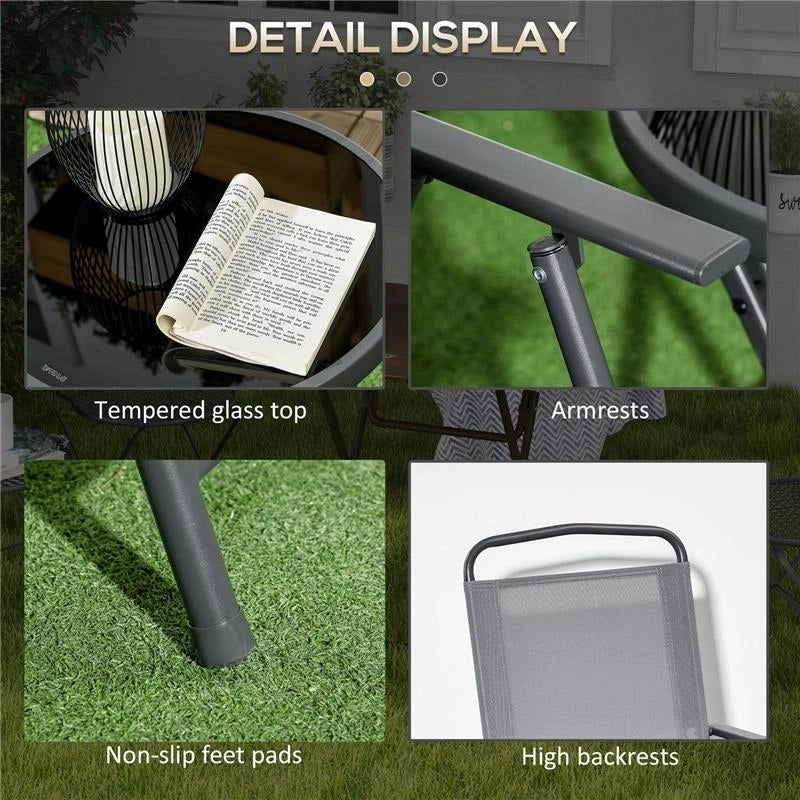 SET DA GIARDINO 3 PEZZI CON 2 SEDIE 53.5X64X93 CM E TAVOLINO DA CAFFÈ Ø45X50 CM, IN METALLO, GRIGIO CHIARO