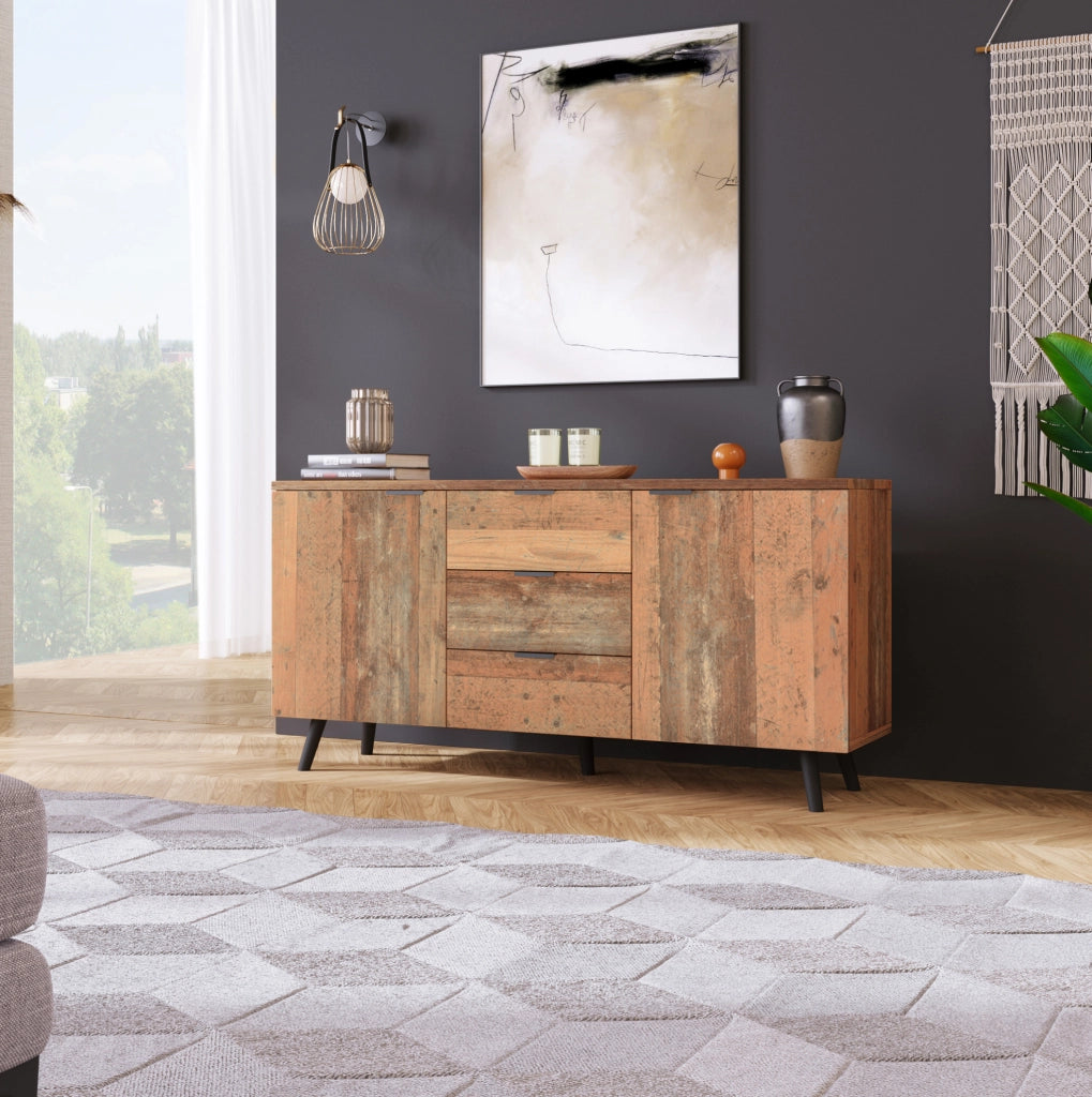 Credenza 140x35x70 cm con ripiani regolabili e 3 cassetti in truciolato marrone anticato