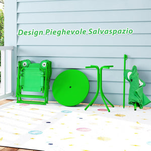 Set Tavolo da Giardino Bambini con 2 Sedie Pieghevoli, Tavolino da Esterno con Ombrellone in Poliestere Regolabile in Altezza, Set Mobili da Giardino per Bambini 3-6 Anni (Rana, Verde)