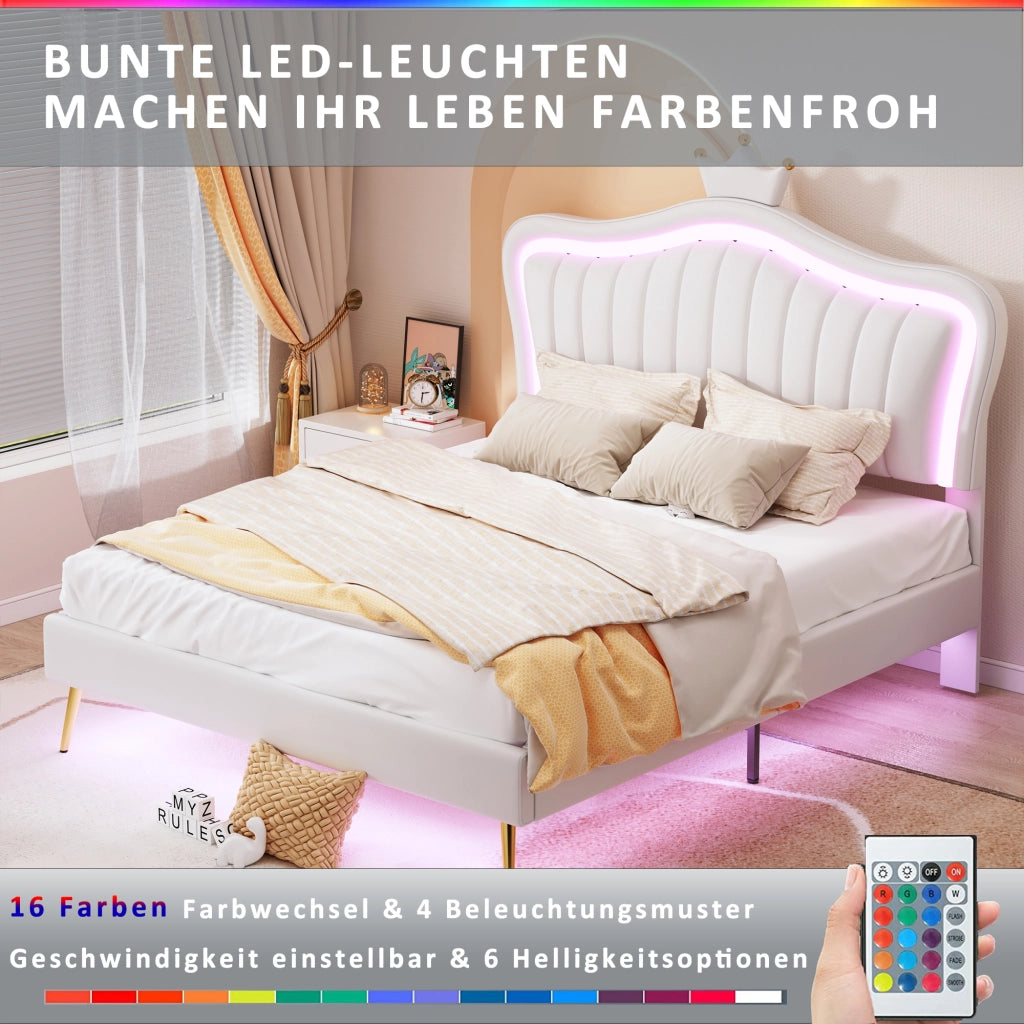 DESMIU Letto per bambini 140 × 200 cm 2 posti con LED regolabile e testiera regolabile, senza materasso, bianco