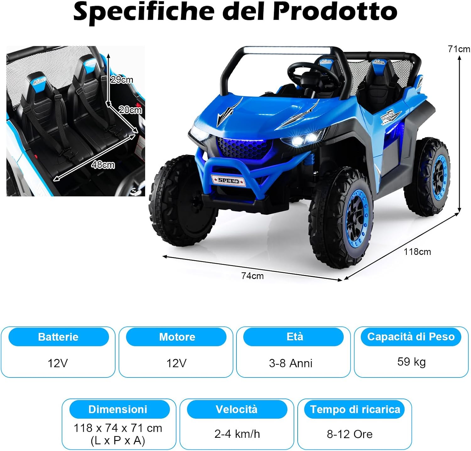 12V Auto Elettrico per Bambini, Macchina Fuoristrada a 2 Posti, Macchina Elettrica con Luci Suoni, Regalo per Bambini 3-8 Anni, 118x74x71 cm (Blu)