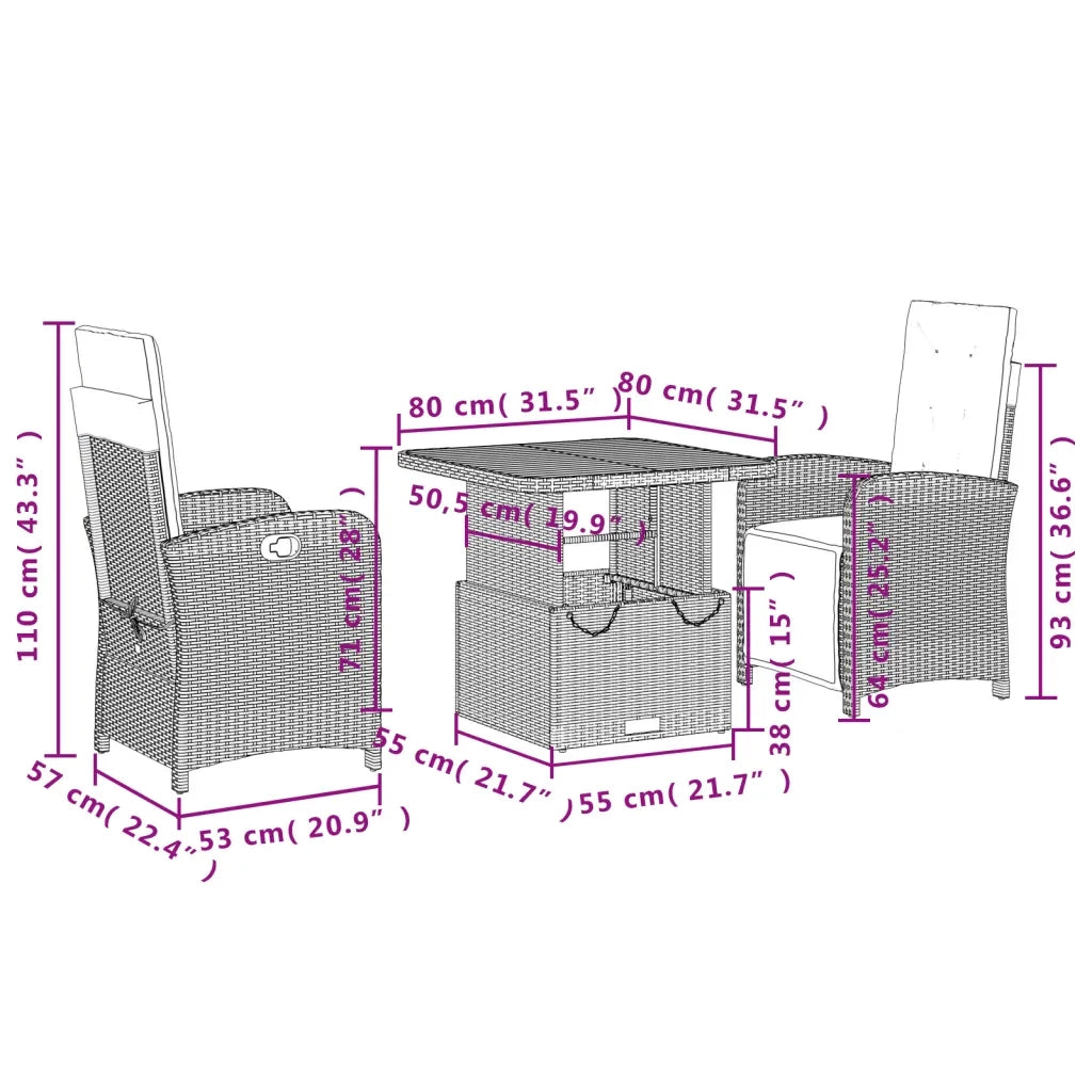 Set da Pranzo da Giardino 3 pz con Cuscini Beige in Polyrattan