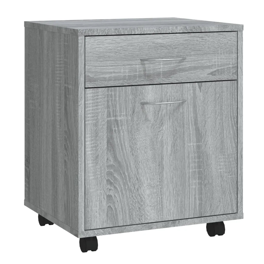 Mobiletto su ruote pratico e maneggevole 45 x 38 x 54 cm con cassetto e scomparto in legno composito grigio 02_0048254