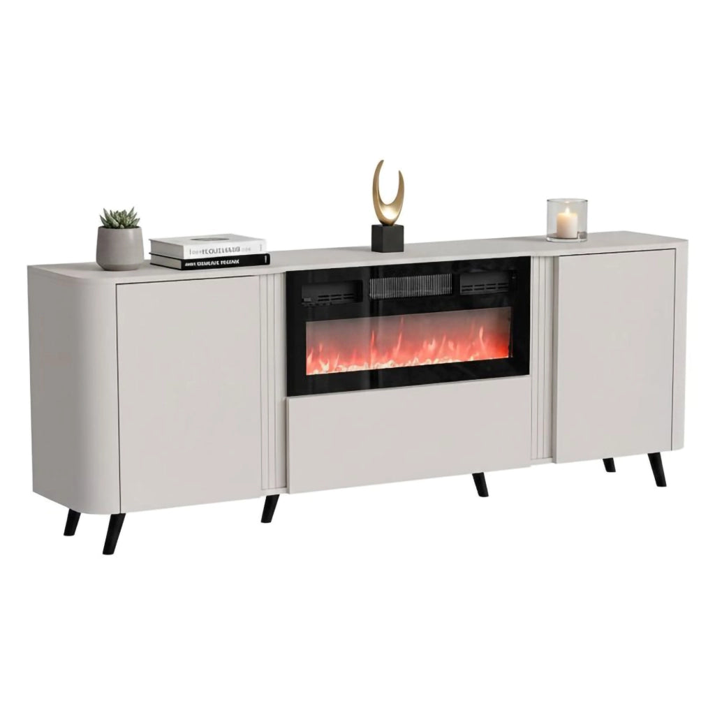 Credenza Briano, Madia da salotto con due ante battenti, anta a ribalta e camino elettrico, Rialzata da terra, 191x40 h69 cm, Beige