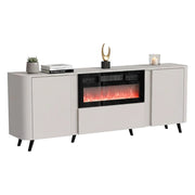 Credenza Briano, Madia da salotto con due ante battenti, anta a ribalta e camino elettrico, Rialzata da terra, 191x40 h69 cm, Beige