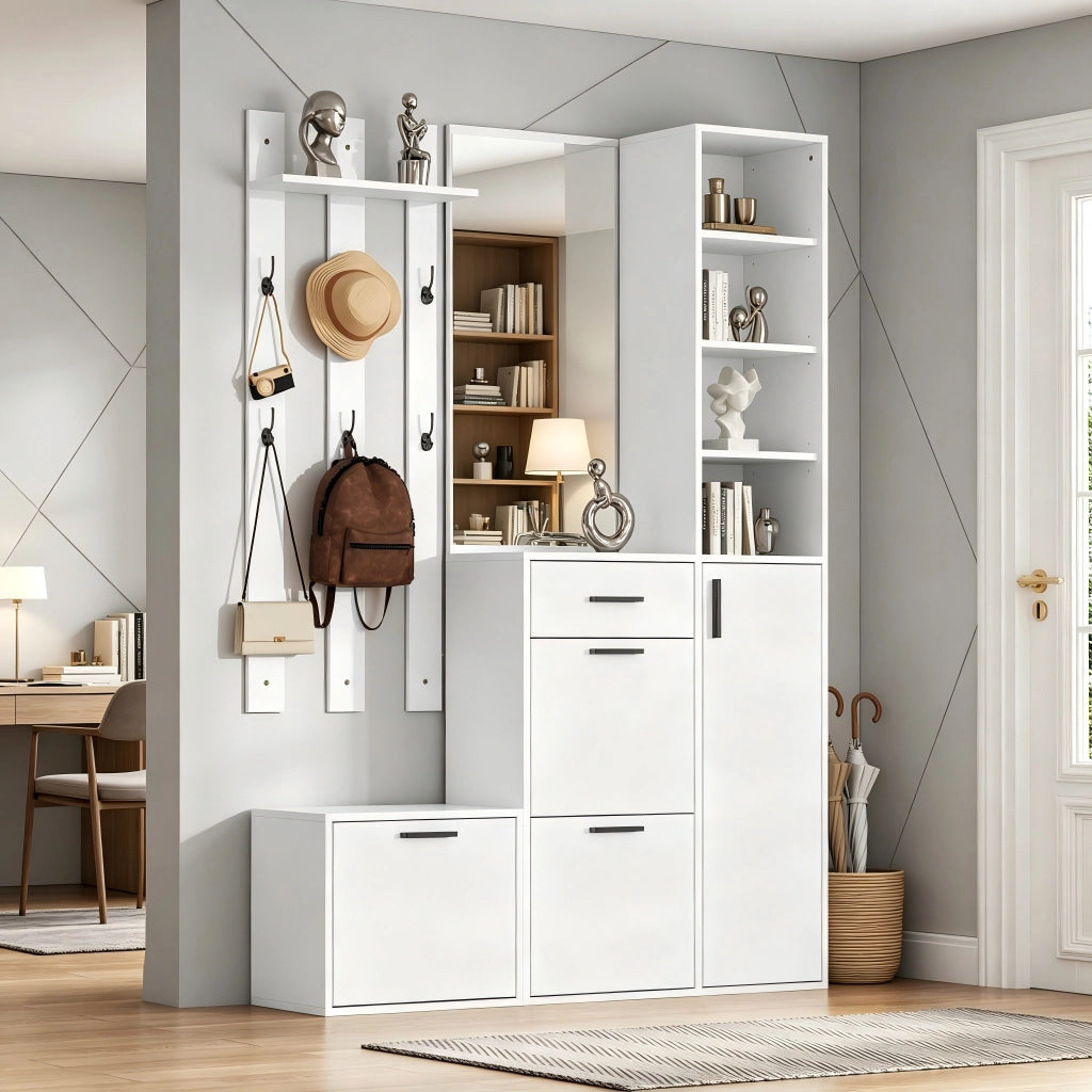 Mobile da ingresso con specchio e 6 ganci; 3 scarpiere ribaltabili; 1 cassetto; bianco; 120 × 30 × 178 cm