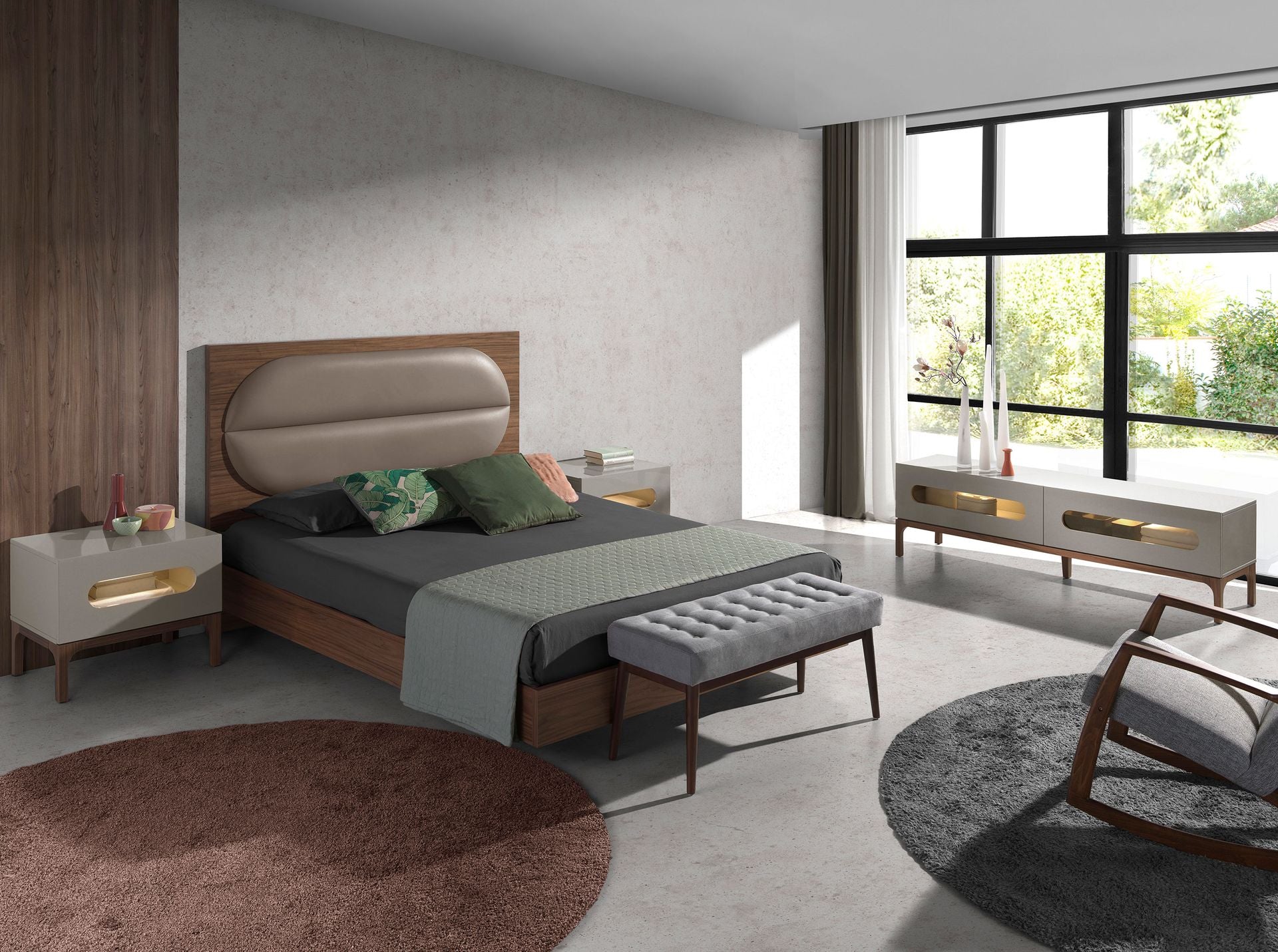 Comodino in legno grigio e noce con illuminazione interna