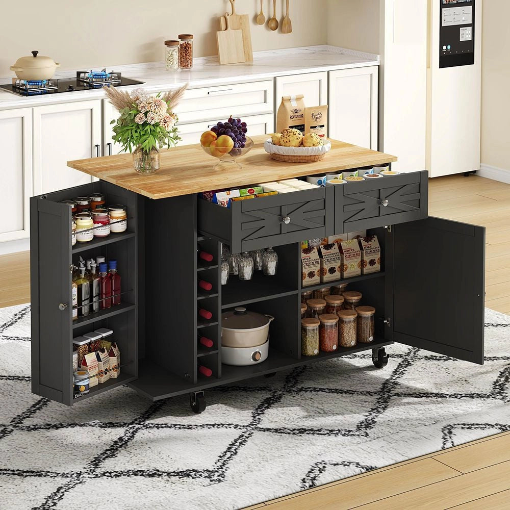 Isola da cucina con piano ribaltabile - Xylo - 5 ruote bloccabili, scaffale porta, porta bottiglie e bicchieri, nero, 120x45(70)x89 cm