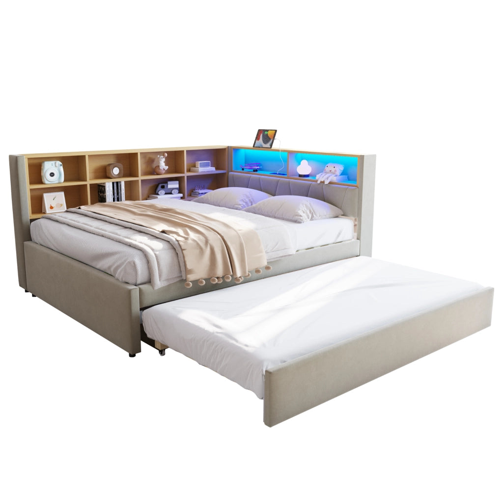 Divano letto con letto estraibile 140x200 cm, LED, USB e vani contenitore, flanella grigio chiaro