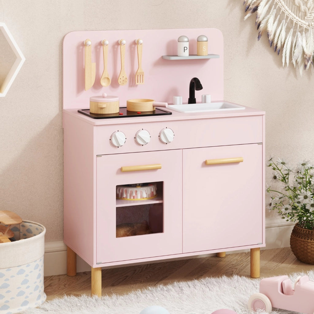 Set da cucina per bambini in legno con luci e accessori da cucina-Gioco educativo con spazio di archiviazione Rosa
