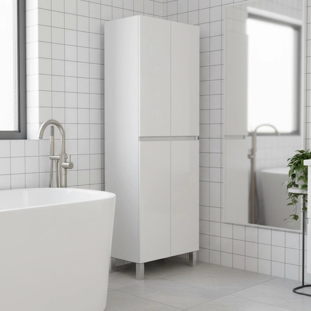 Mobile Alto Colonna Bagno 4 Ante Con Ripiani Regolabili Salvaspazio Design Moderno Elegante Ideale Per Bagno Lavanderia Ripostiglio 182 x 60 x 35 Cm Colore Bianco