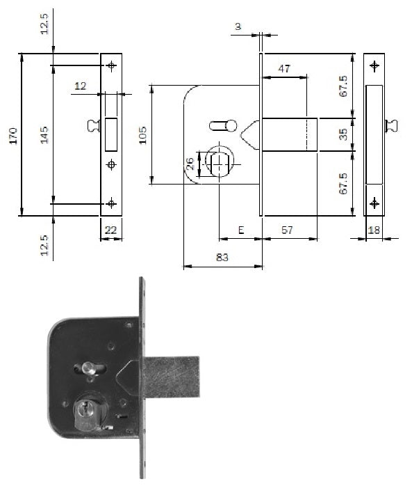 ISEO 604451 SERRATURA X CANCELLI CATEN.PROL. MM.45 1 MANDATA