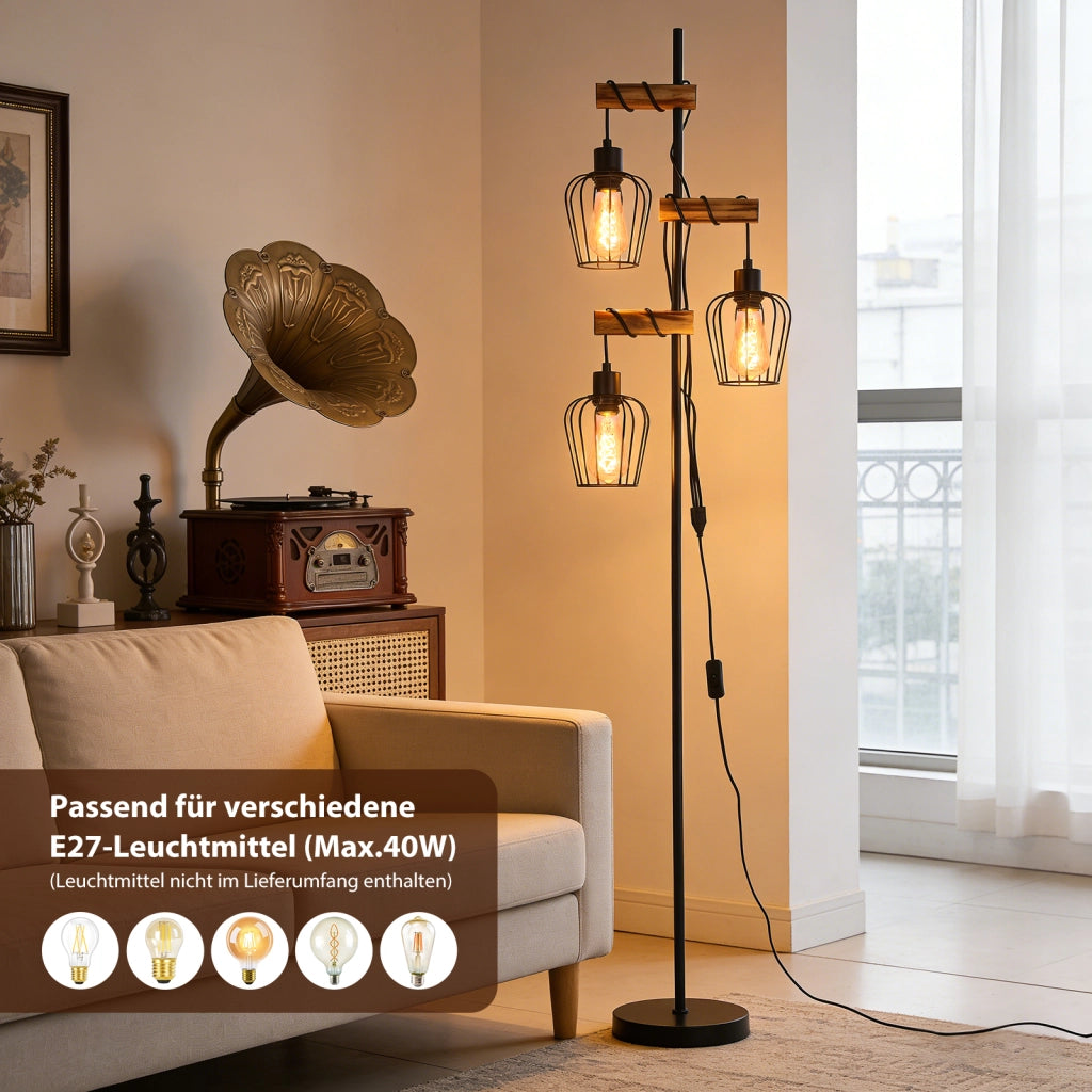 ZMH Lampada da Terra Vintage Legno Soggiorno Industriale 3xE27 Retro Lampada da Lettura Rustica Senza Lampadine