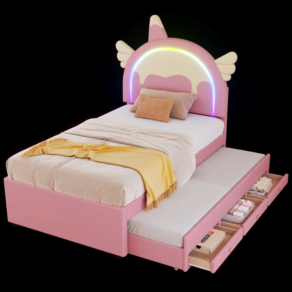 Letto Estraibile 90×200 cm; Singolo con Testiera a Unicorno e Letto Estraibile; senza Materasso; Rosa
