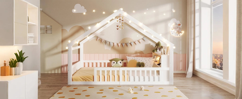 DESMIU Letto per bambini 2 posti con sponde, scaffali e LED 140 × 190 cm, senza materasso, bianco