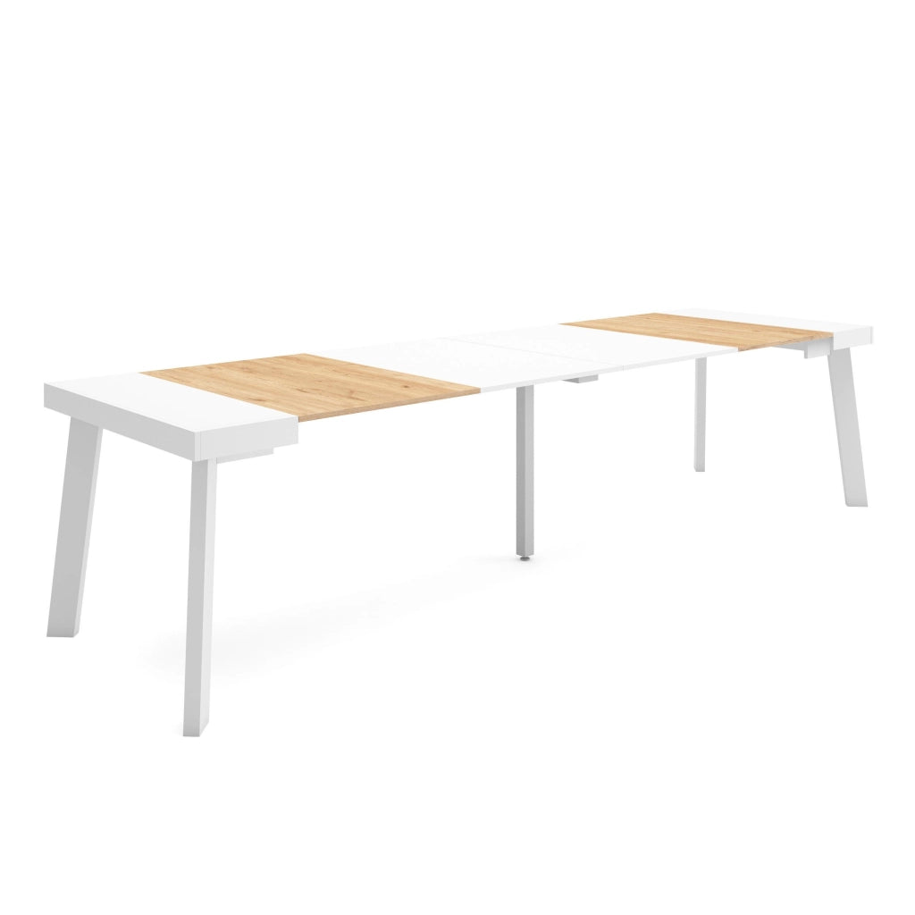 Consolle allungabile, 302x90x73cm, Per 14 persone, Gambe in legno, colore Rovere e bianco RF3103