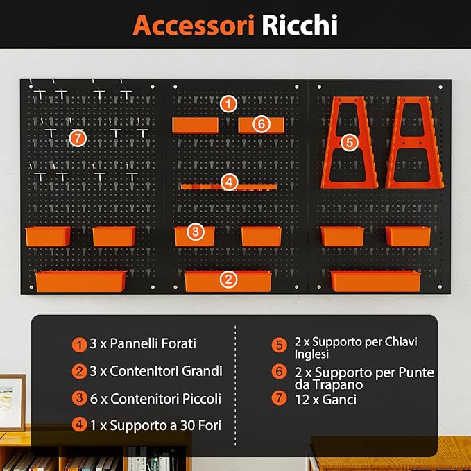 Pannello Forato da Muro, Organizzatore con 9 Contenitori, Supporti per Martelli, Portautensili e Ganci, Ideale per Garage e Officina (Arancia)