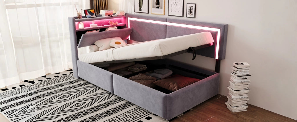 DESMIU Lit simple 90 × 200 cm con contenimento, LED, USB, senza materasso, in velluto, grigio chiaro