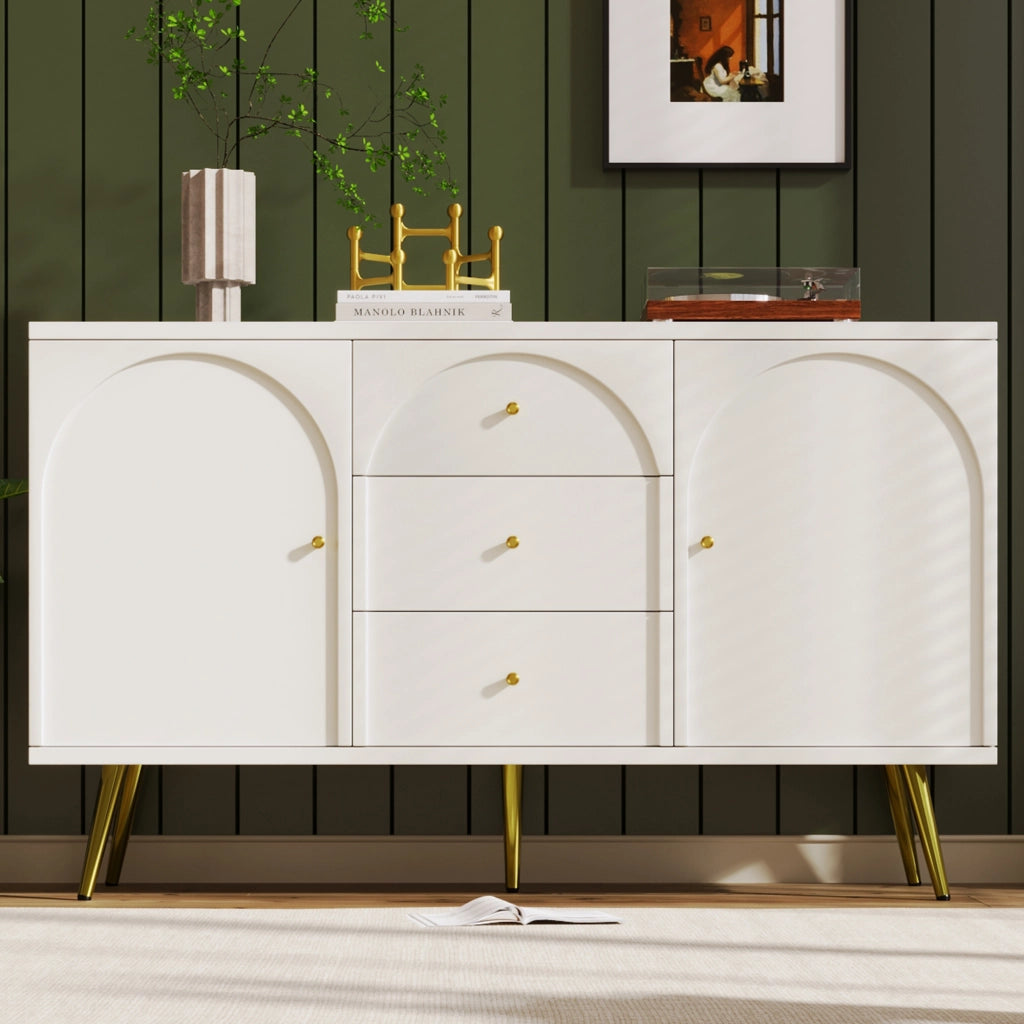 Cassettiera con 2 ante e 3 cassetti, colore crema bianco, con ripiano regolabile, H84/B140/T40 cm