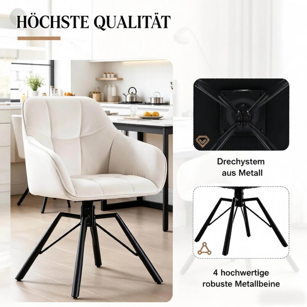 Set di 2 sedie da pranzo girevoli 360° in velluto crema