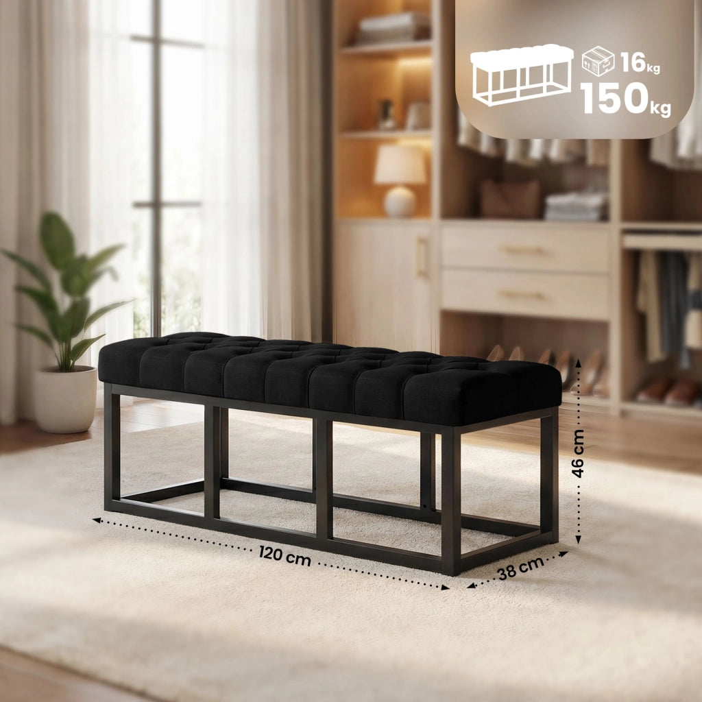 Panca design AMUN in metallo nero opaco e tessuto nero,120 cm