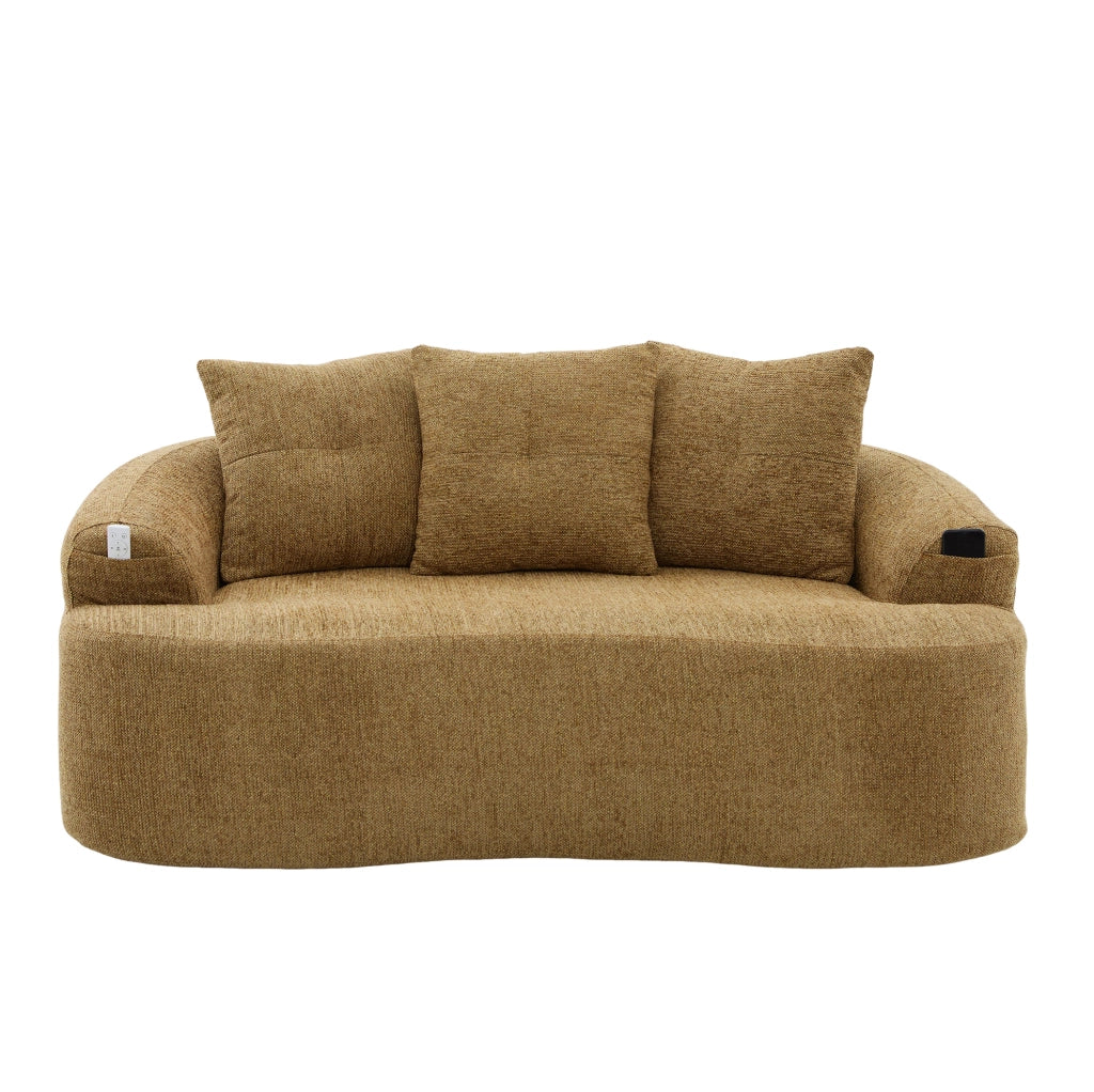 Divano a due posti in chenille senape con cuscini rotondi, imbottitura in schiuma e molle insacchettate, 164x92x60 cm