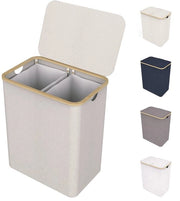 Wascapacità 150L con coperchio e 2 contenitori - Wascapacità con struttura in legno di bambù stabile - Incluso sacco per bucato rimovibile - Wascapacità acqua-tight | Beige