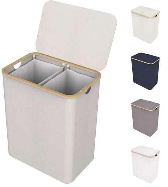 Wascapacità 150L con coperchio e 2 contenitori - Wascapacità con struttura in legno di bambù stabile - Incluso sacco per bucato rimovibile - Wascapacità acqua-tight | Beige