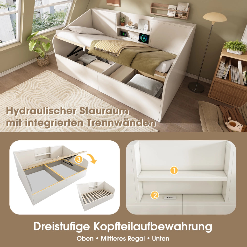 Divano letto contenitore idraulico bianco con USB e vano portaoggetti