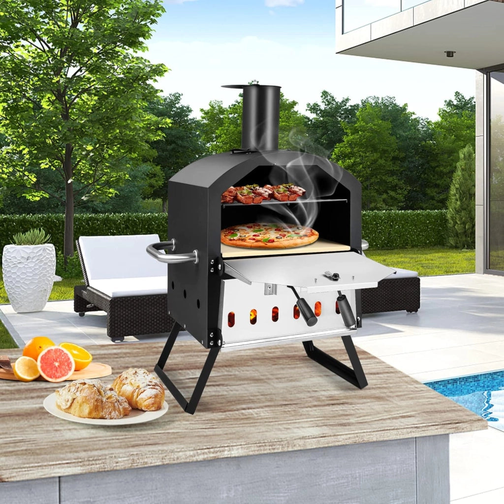 Forno per Pizza da Esterno, Forno a Legna per Pizza con Gambe Pieghevoli, 2 Strati, Pietra per pizza, Pala per Pizza, Copertura Impermeabile, per Picnic, Festa e Campeggio (Modello 6)