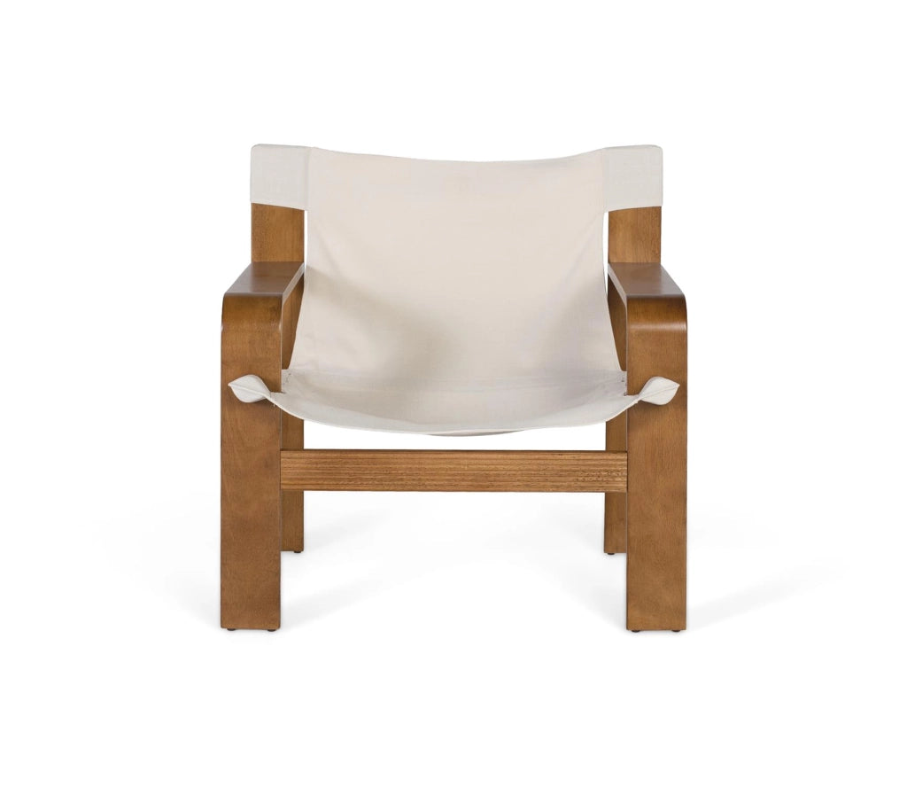 Poltrona moderna in legno di caucciù con tessuto beige
