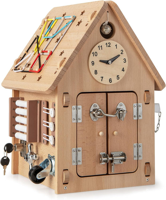 Occupato Montessori per Bambini in Legno, Casetta Giocattolo Piccola con Giochi Sensoriali e Vano Interno, Giochi Montessori per Motricità Fine, per Bambini 3 Anni+