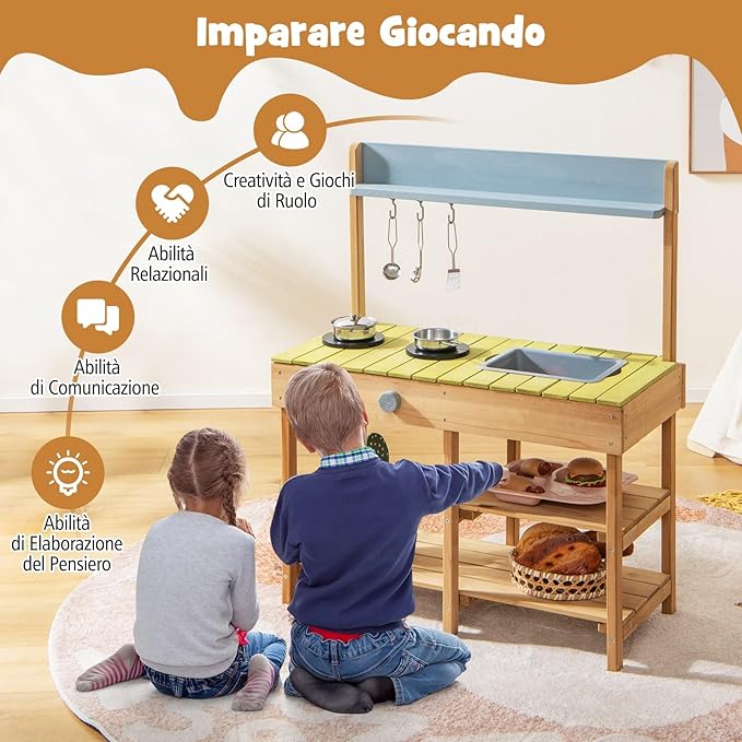 Cucina Giocattolo in Legno, Cucina per Bambini in Legno con Ganci Appendibili, 2 Fornelli, Lavello Rimovibile e Scaffali Aperti, Set da Giocattolo per Bambini 3+ Anni