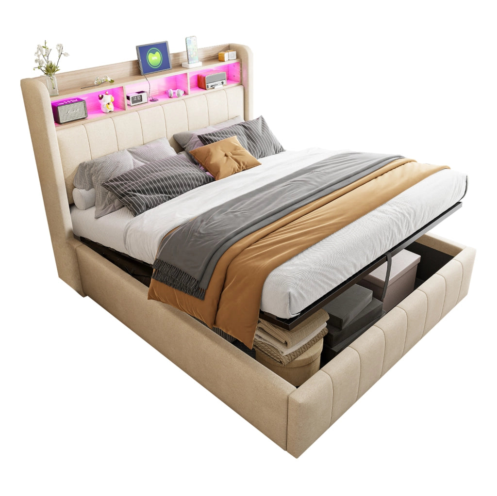 Letto imbottito 140 x 200 cm con vano contenitore idraulico; LED; USB e Type-C; beige