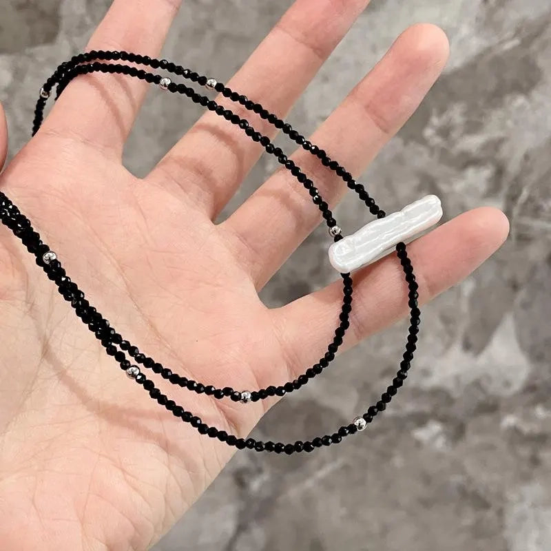 Collana lunga vintage con perle e cristalli neri per clavicola, regalo di Natale o compleanno.