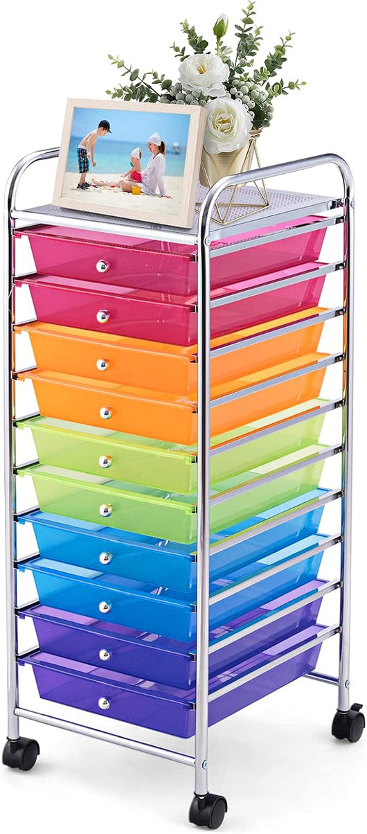 Carrello con 10 Cassetti da Stoccaggio, Cassettiera di Metallo e Plastica, Contenitore Multiuso con Ruote a Freno, per Casa e Ufficio (Multicolore)