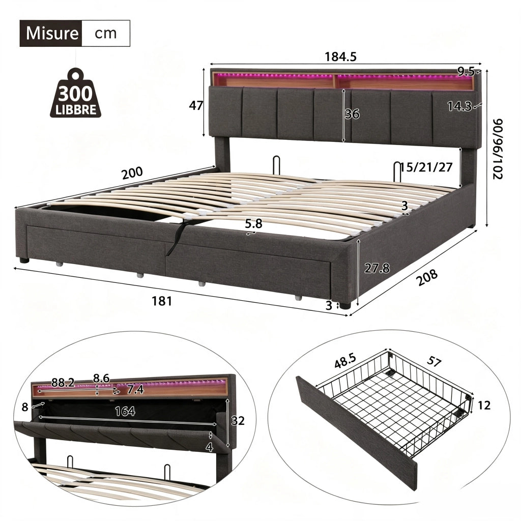 Letto matrimoniale contenitore 180x200 cm con testiera imbottita LED e porta USB struttura letto con cassetti e rete a doghe in lino-grigio