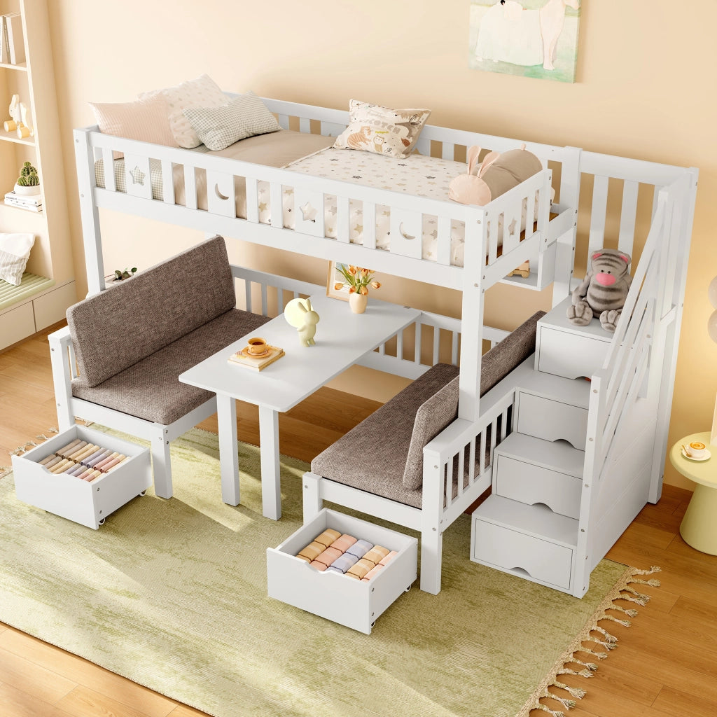 Letto a castello bianco in pino con funzione letto e scrivania 90x200 cm