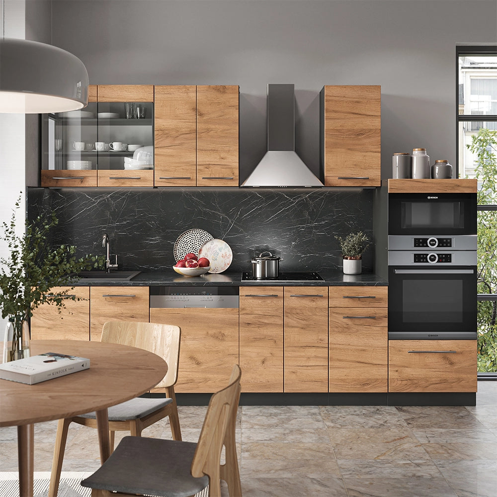 Cucina componibile Fame-Line Rovere dorato/Antracite 300 cm con armadio alto, PL Marmo Vicco