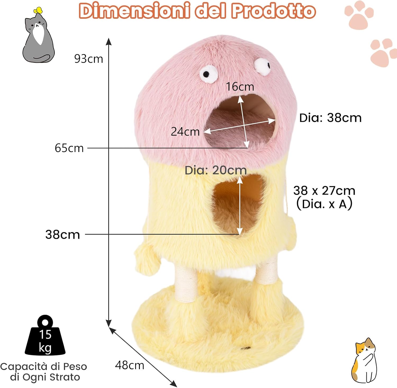 Tiragraffi per Gatti 93 cm, Torre di Gatti a Tema Mostro, Piuma Morbida e Lunga, Palo per Graffio in Sisal e Giocattoli Pendenti, Centro Attività per Gattini a 3 Livelli